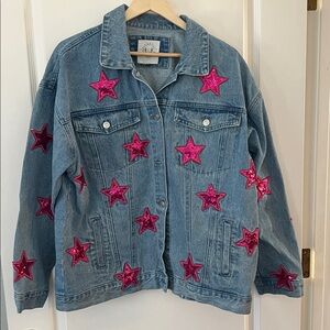 Denim Jacket with Pink sequin Star Accents